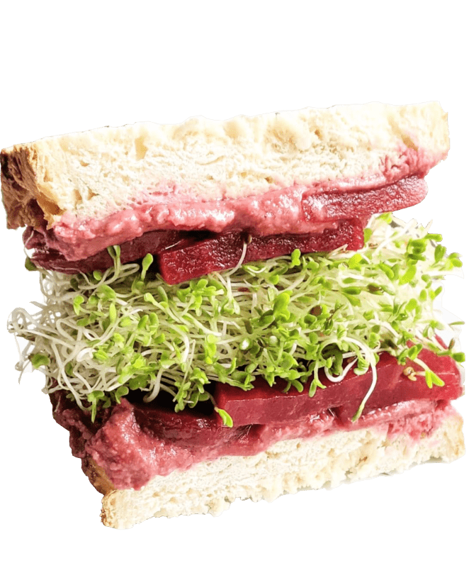 Healthy sandwich made of beets and alfalfa sprouts